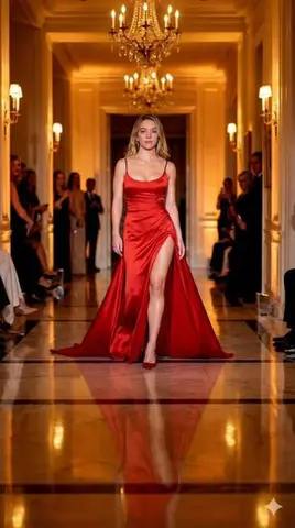 Ultra-photorealistic 8K glamour portrait of Sydney Sweeney in a strawberry-red satin gown