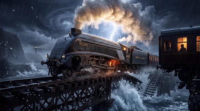 YouTube Thumbnail - Steam Locomotive Collapsing Bridge Storm