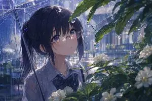 Anime Girl Under Umbrella in Rain