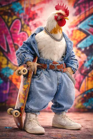Ultra-realistic studio portrait of an anthropomorphic rooster styled like