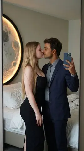 Romantic Couple Mirror Selfie Kiss