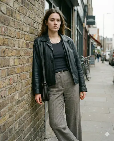 Natural Overcast Daylight Standing Casually, Leaning Slightly Against a Brick Wall, Weight