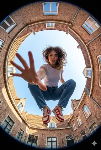 Ultra-wide fisheye lens perspective shot from ground level looking
