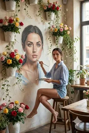 Ana de Armas Painting a Realistic Mural of Herself
