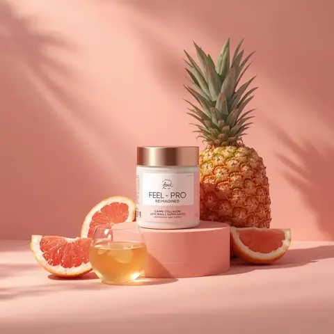 Minimalist luxury product photography of a collagen supplement jar