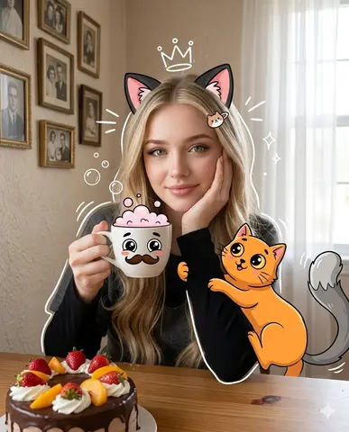 Cartoon Cat Sitting At a Wooden Table, Holding a White Ceramic Mug