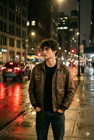 Nighttime Street Portrait with Wet Pavement