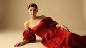 Cinematic Studio Portrait in Red Gown
