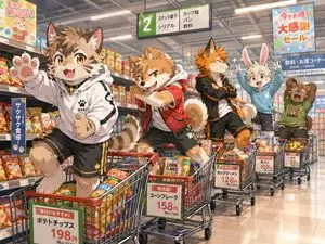Anime Mascots in Supermarket Carts