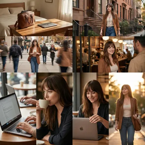 cinematic 8-photo storytelling collage featuring the same girl throughout