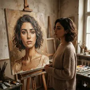 Cinematic Studio Scene of Woman Observing Portrait