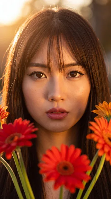Profile / Avatar - East Asian Woman with Gerbera Flowers