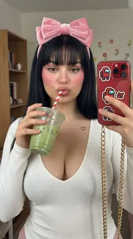 Blush-Heavy Matcha Selfie with Pink Bow Headband