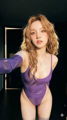 Tight Shiny Latex Bodysuit with Detached Left Sleeve. Long, Loose Waves, Voluminous.