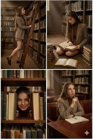 Dark Academia Library Multi-Panel Grid for Identity Preservation