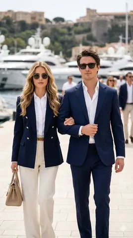 Quiet Luxury Couple on a Marina Promenade