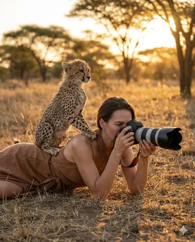 Ultra-realistic wildlife photography scene: An elegant woman in a