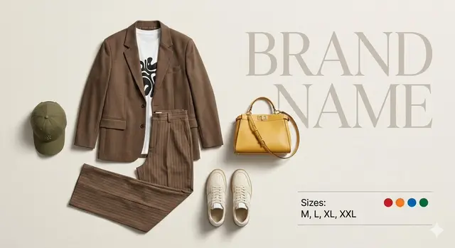 premium fashion catalog flat lay on a clean soft