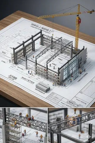 An architectural blueprint of {BUILDINGNAME} placed on a {SURFACE}