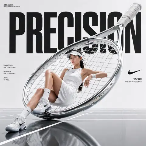 Avant-garde sports fashion advertisement, oversized tennis racket positioned like