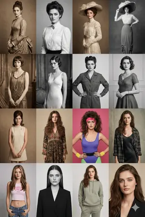 16 Decades of Fashion Portrait Grid Prompt