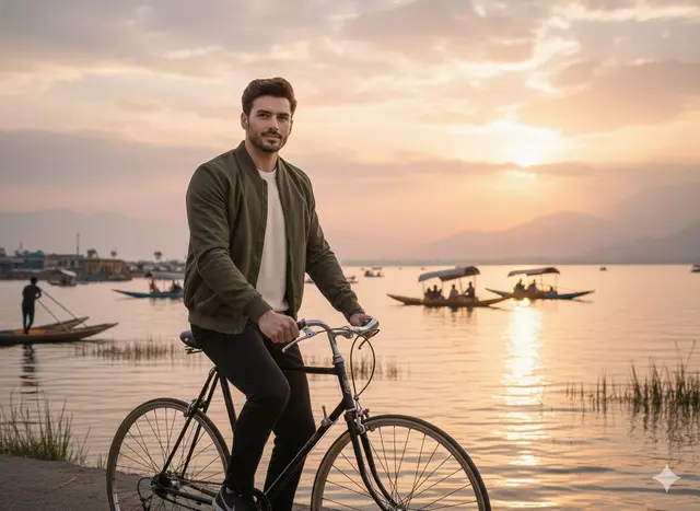 A realistic cinematic photograph of a handsome man riding