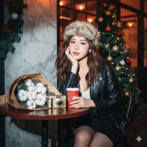 Y2K Flash Portrait at Christmas Cafe