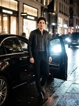 Cinematic Photo Stepping Out of a Luxury Car at Night