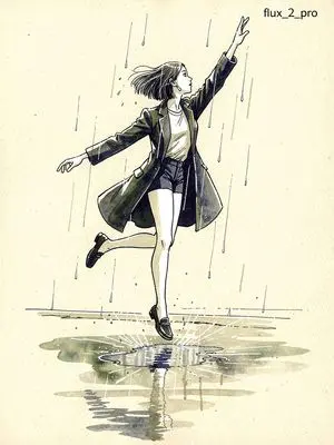 Ink pen style illustration of a woman jumping in the rain