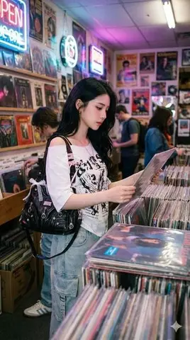 Y2K Coquette Streetwear in a Vintage Record Store