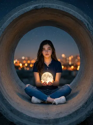 Hyper-realistic surreal photography of a woman sitting inside a