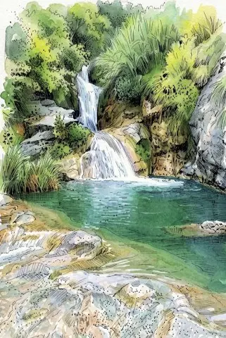 Tropical Oasis Waterfall Watercolor Illustration