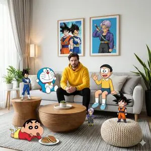Mixed-Media Anime and Reality Living Room Scene Prompt