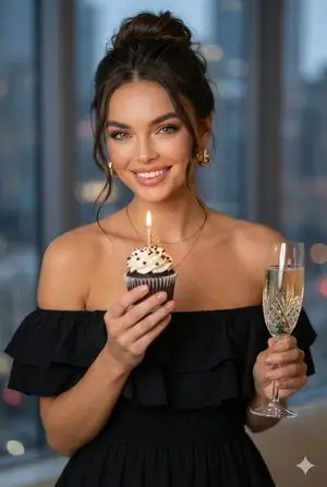 Birthday Celebration Portrait with Cupcake and Champagne