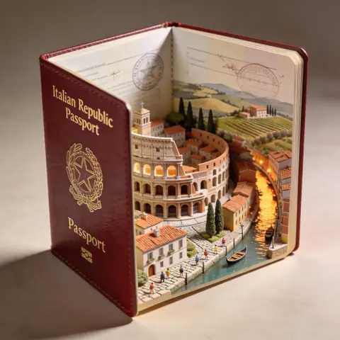 Hyper-realistic open [COUNTRY] passport on a studio surface, with