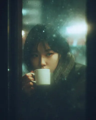 A cinematic, moody photograph of a young woman sitting