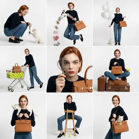 studio fashion collage, 3x3 grid layout, same subject repeated