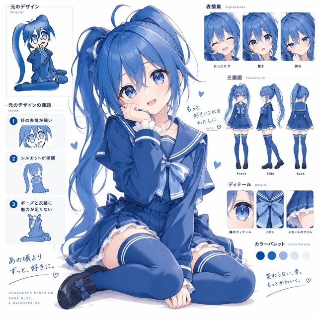 Comic / Storyboard - Blue Anime Character Redesign Sheet