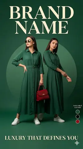 Luxury fashion advertisement poster, deep green background with a