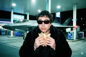 Grainy Paparazzi Snapshot of Man Eating Kebab at Gas Station with F-35 Jet