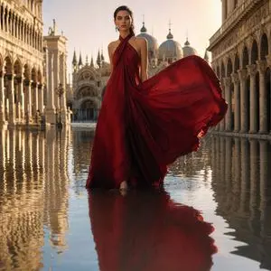 Crimson Gown in Flooded Venice