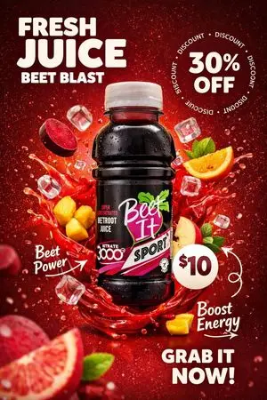 Product Photography Poster with Liquid Splash and Text Overlays