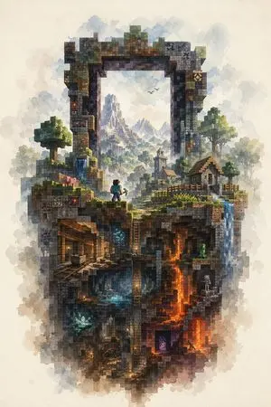 Watercolor Minecraft World Cross-Section