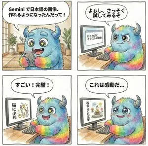 4-panel manga about Gemini generating Japanese text images