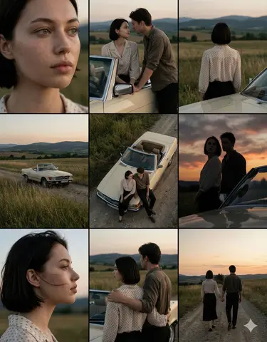 A cinematic 3×3 grid of film-still frames featuring the