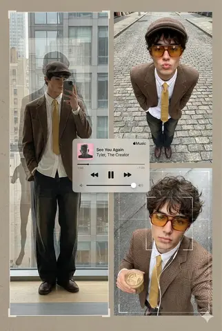 An editorial poster-style multi-panel collage presents Subject[person in the