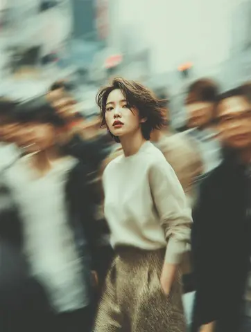 A cinematic street portrait of a young woman standing