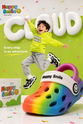 Bright colorful children's shoe brand advertisement for "Happy Smile☺️"