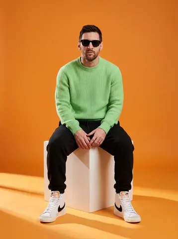 A stylish male model sitting on a white cube