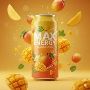 Photorealistic Mango Energy Drink Product Shot Prompt